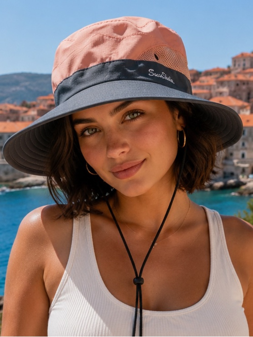 Two-Tone Pink and Gray Wide Brim Sun Hat with Chin Cord